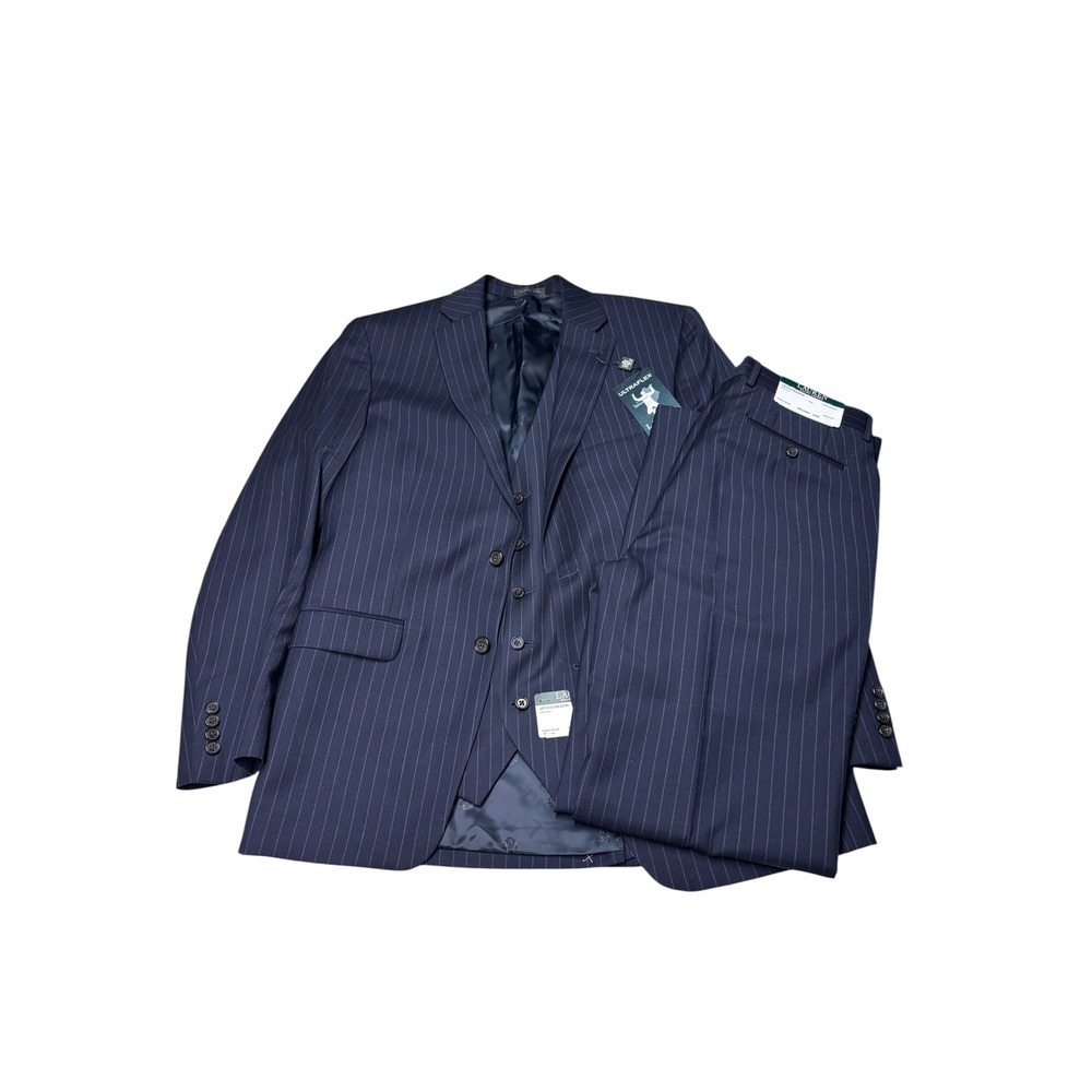 NWT Lauren Ralph Lauren Men 3 Pc Pinstripe Suit Navy Blue 40L 34W Wool Ultraflex